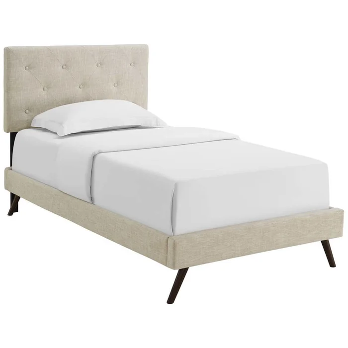 Tarah Twin Fabric Platform Bed with Round Splayed Legs, Twin Size, Fabric, Beige, 14685