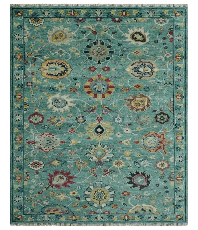 Teal And Yellow Modern Oushak Style Hand Knotted Custom Made Wool Rug