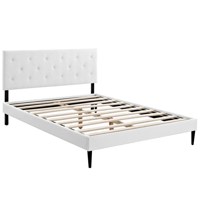 Terisa Full Vinyl Platform Bed with Round Tapered Legs, White, Faux Leather 12942
