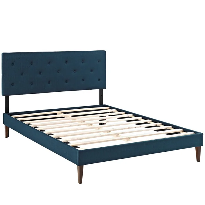 Terisa Queen Fabric Platform Bed with Squared Tapered Legs, Navy, Fabric 12955