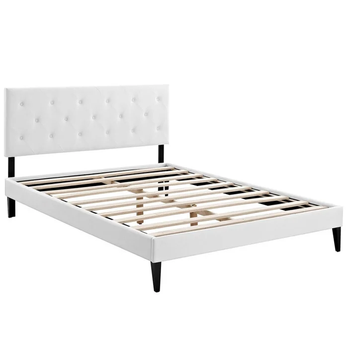 Terisa Queen Vinyl Platform Bed with Squared Tapered Legs, White, Faux Leather 12619