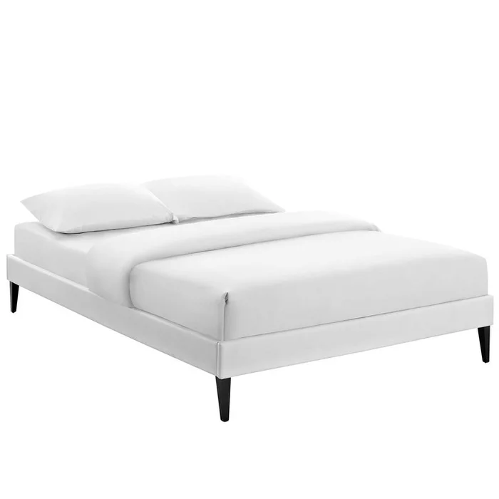 Tessie Queen Vinyl Bed Frame with Squared Tapered Legs, Queen Size, Faux Vinyl Leather, White, 14487