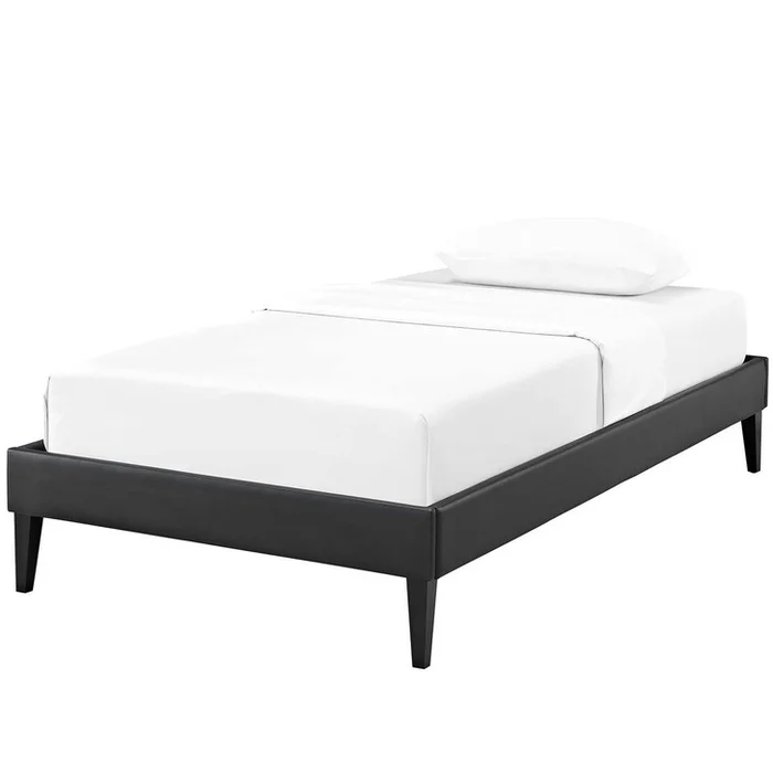 Tessie Twin Vinyl Bed Frame with Squared Tapered Legs, Twin Size, Faux Vinyl Leather, Black, 14478