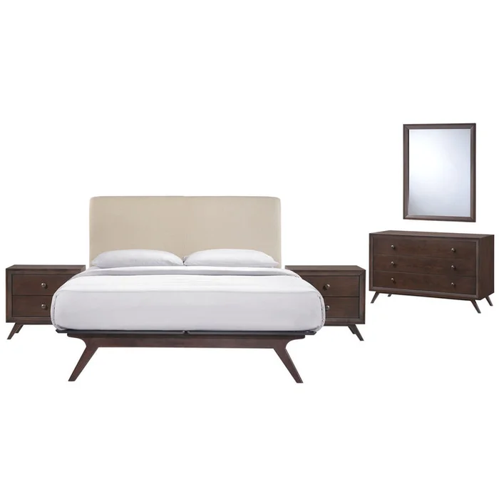 Tracy 5 Piece Queen Bedroom Set, Beige Fabric Wood