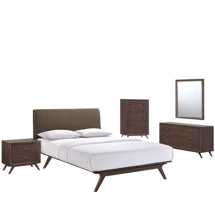 Tracy Five PCS Queen Size Bedroom Set, Brown, Fabric, Wood