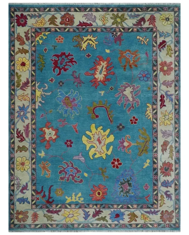 Traditional Blue and Camel Colorful Hand knotted Oushak 8.9×11.10 Wool Area Rug