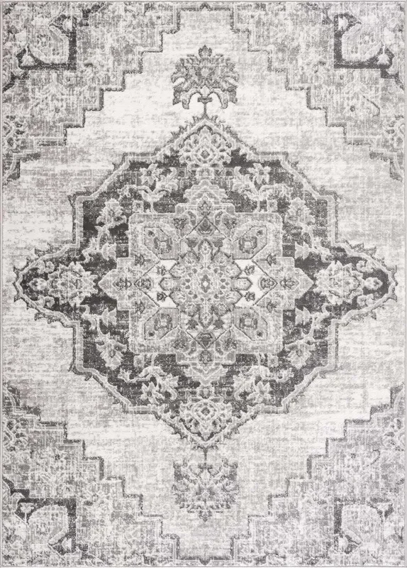 Traditional Heriz Medallion Design Silver, Gray and Charcoal Jute Backing Area Rug