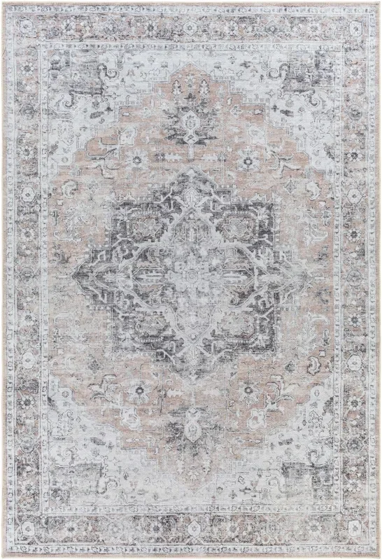 Traditional Machine woven Charcoal, Rust and Silver Machine Washable Rug