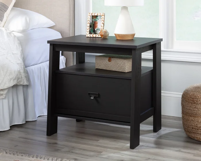 Trestle Night Stand in Raven Oak – Modern 1-Drawer Bedside Table with Open Shelf, Smooth Metal Runners, T-Lock Assembly, Versatile 360° Finish