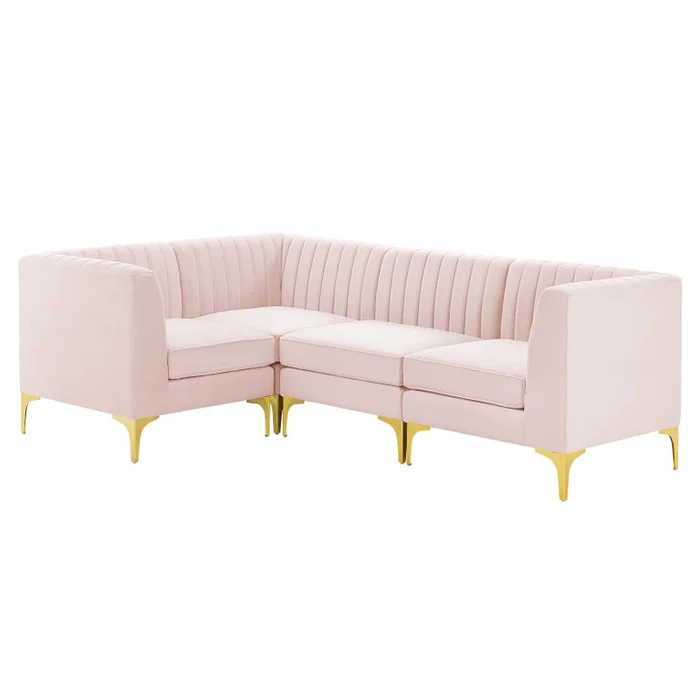 Triumph Channel Tufted Performance Velvet 4-Piece Sectional Sofa, Velvet, Pink, 19808