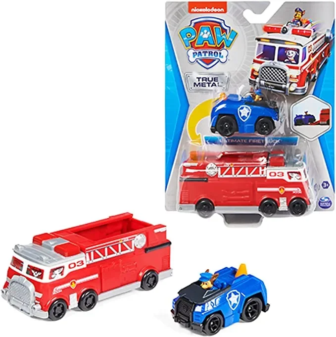 True Metal Firetruck Die-Cast Team Vehicle with 1:55 Scale Chase Toy Car, Kids Toys for Ages 3 and up, (Set of 2)