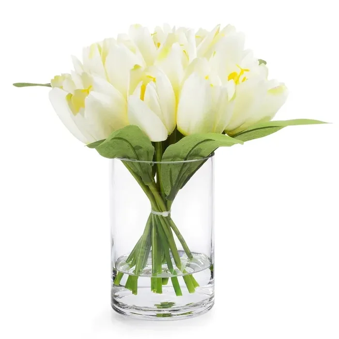 Tulips Silk Flowers in Glass Vase
