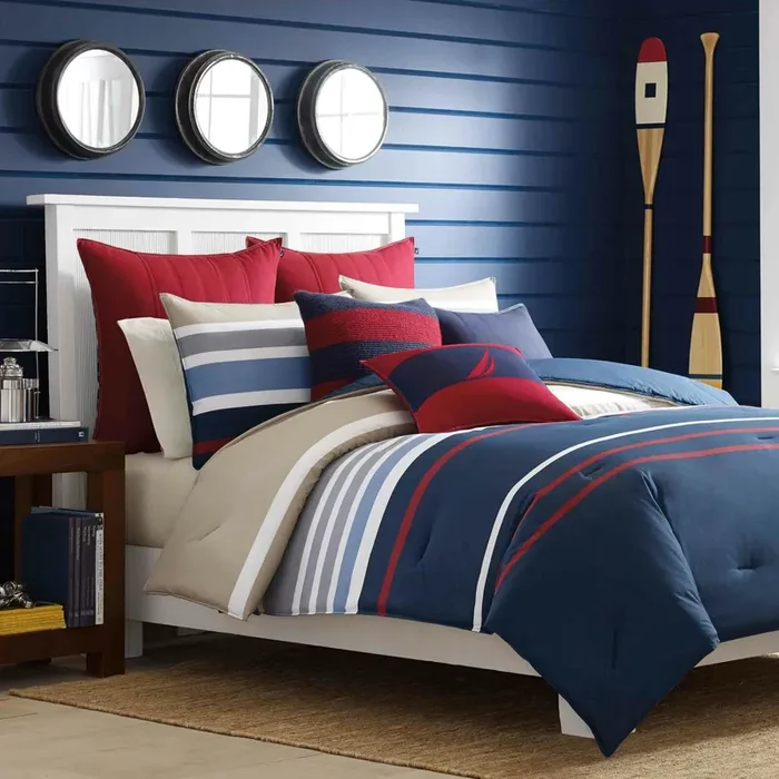 Twin Comforter + 1 Twin Sham Bradford Blue/Red 100% Cotton 150 TC Reversible 3 Piece Comforter Set SHB206