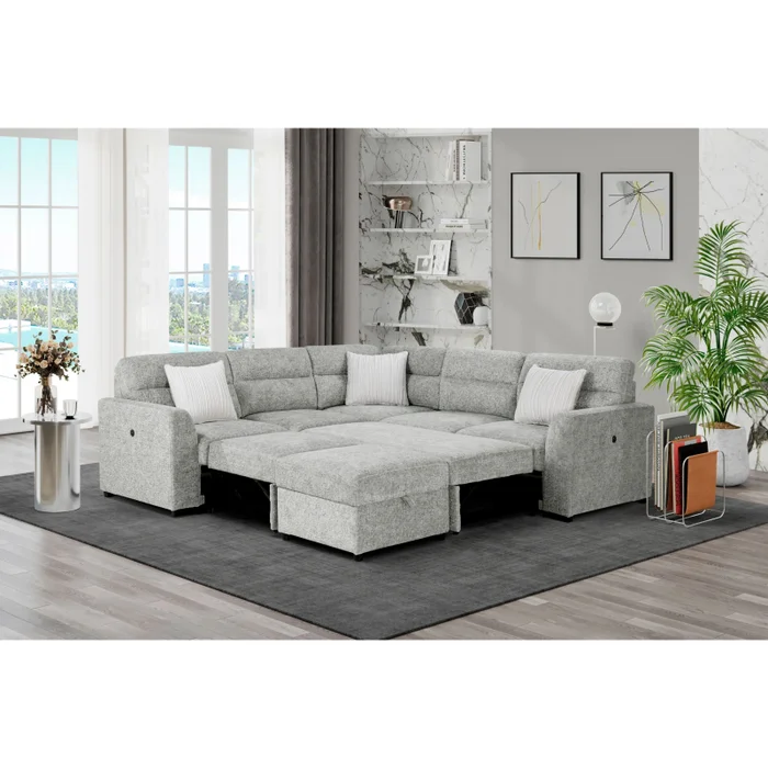 U9401 – Sectional With 3 Pillows And Ottoman – Nickel