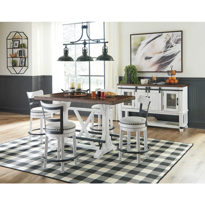 Valebeck – White – 6 Pc. – Counter Table, 4 Swivel Barstools, Server