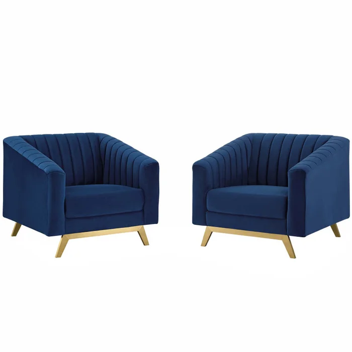 Valiant Vertical Channel Tufted Upholstered Performance Velvet Armchair Set of 2, Velvet, Blue Navy, 19351