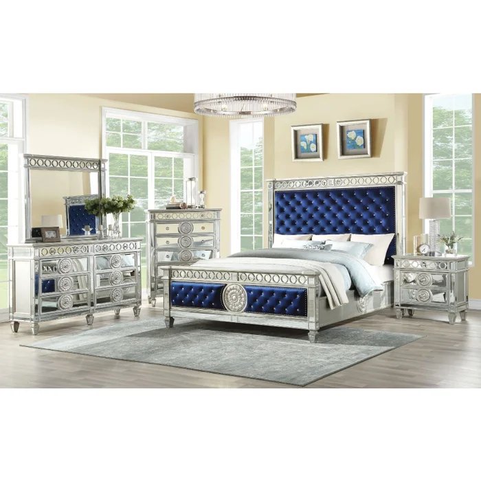 Varian – Queen Bed – Blue Velvet & Mirrored