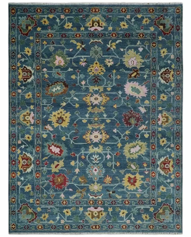 Vibrant Colorful Hand knotted Teal, Gold And Maroon 9×12 wool Area Rug