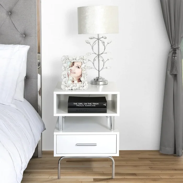 Victoria 1 Drawer Bedside Cabinet White & Chrome – D