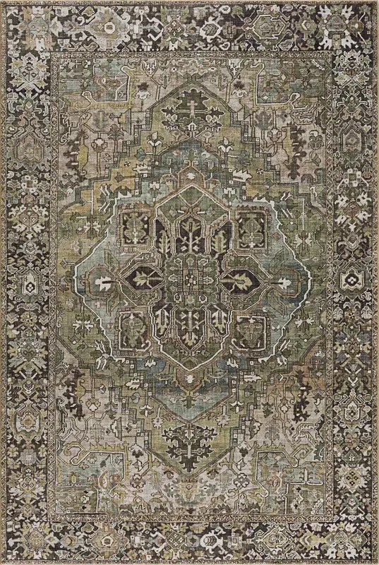Vintage Style Traditional Heriz Medallion Green, Tan and Charcoal area rug