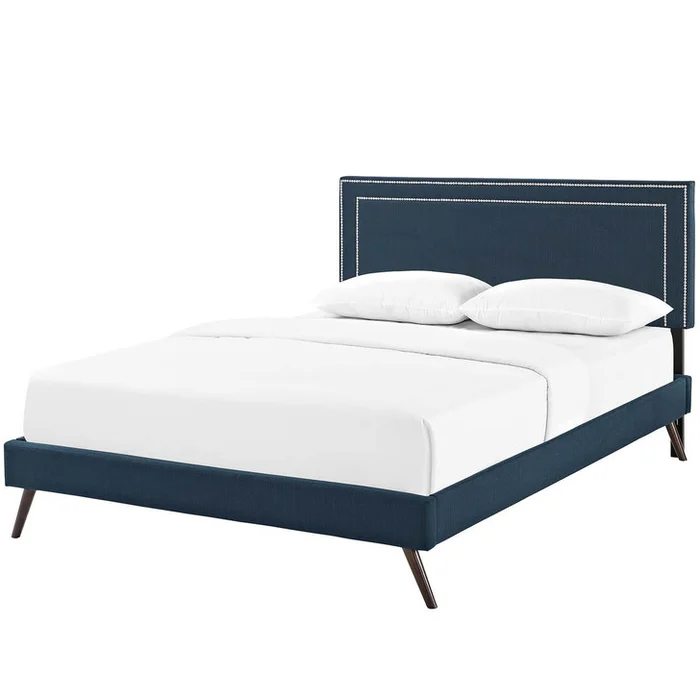 Virginia Full Fabric Platform Bed with Round Splayed Legs, Full Size, Fabric, Navy Blue, 14529