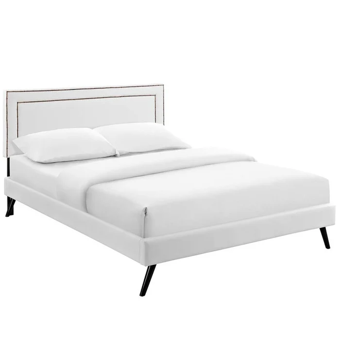 Virginia King Vinyl Platform Bed with Round Splayed Legs, King Size, Faux Vinyl Leather Nail Rivet, White, 14538
