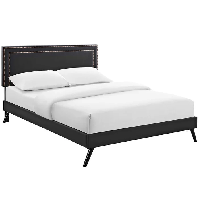 Virginia King Vinyl Platform Bed with Round Splayed Legs, King Size, Faux Vinyl Leather Nail Rivet, Black, 14537