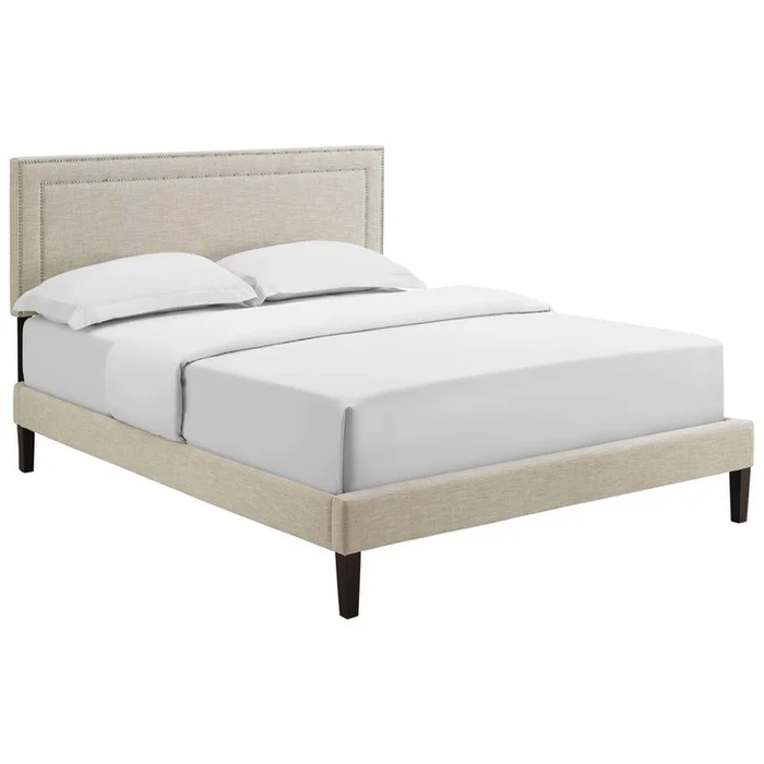 Virginia Queen Fabric Platform Bed with Squared Tapered Legs, Queen Size, Fabric, Beige, 14555