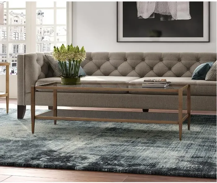 Wilda 45 in. Clear/Brass Large Rectangle Glass Coffee Table with Mirrored Shelf