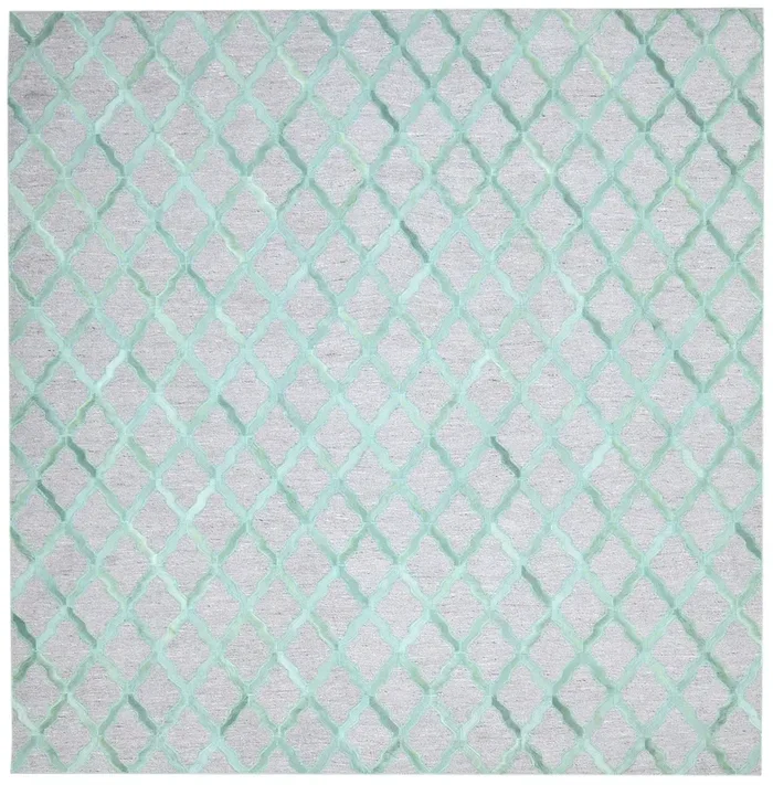 Willamina Teal Blue Leather / Cotton Rug 6X6 Modern Hand Woven Scandinavian Trellis