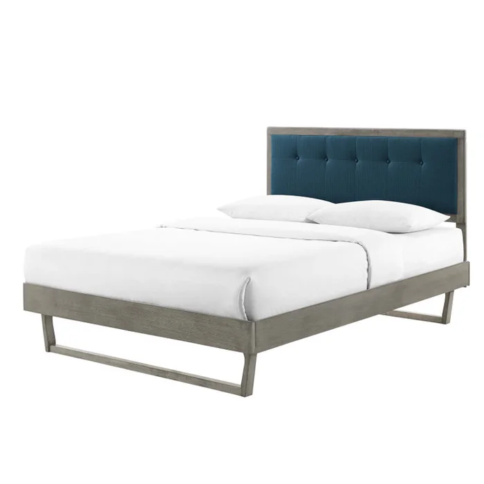 Willow Full Wood Platform Bed With Angular Frame, Wood, Grey Gray Navy Blue, 22433