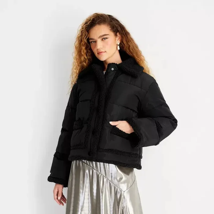 Women’s Shearling Trim Button-Front Puffer Jacket – Black