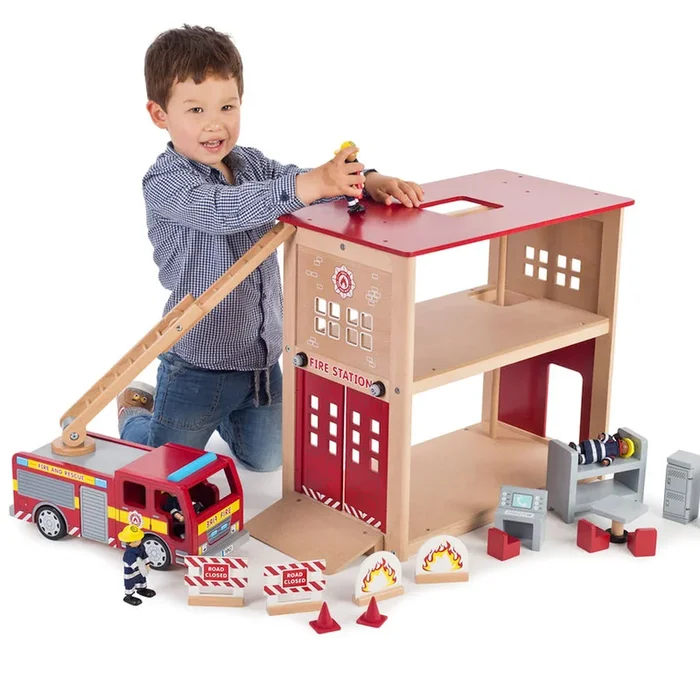 Wooden Fire Station & Fire Engine Set