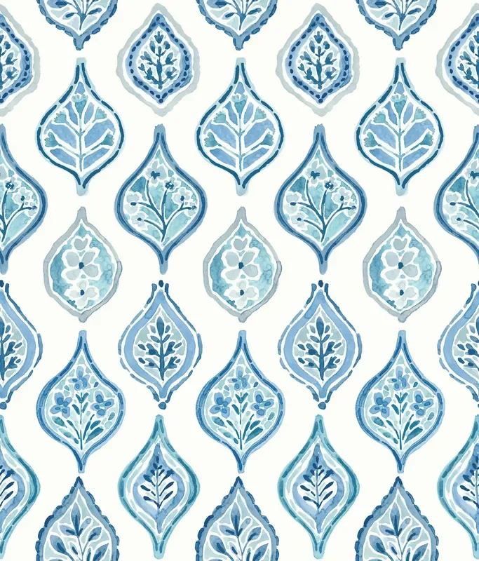 York MN1850 Marketplace Motif White & Blue Wallpaper