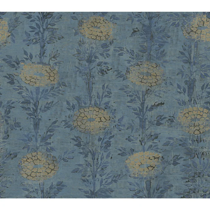 York Wallcoverings Tea Garden French Marigold Denim and Gold Wallpaper Eclectic Florals Blues Wallpaper – AF6520