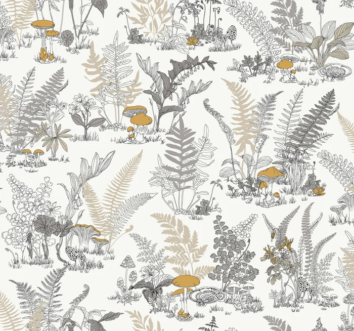 York Wallcoverings Toile Resource Library Mushroom Garden Toile Neutral and Gold Wallpaper Whimsical Toile Whites and Off-Whites – RT7892