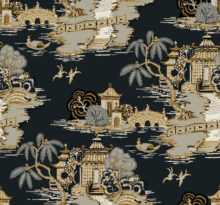 York Wallcoverings Toile Resource Library Pagoda And Sampan Scenic Black Wallpaper Modern Toile Blacks – RT7902